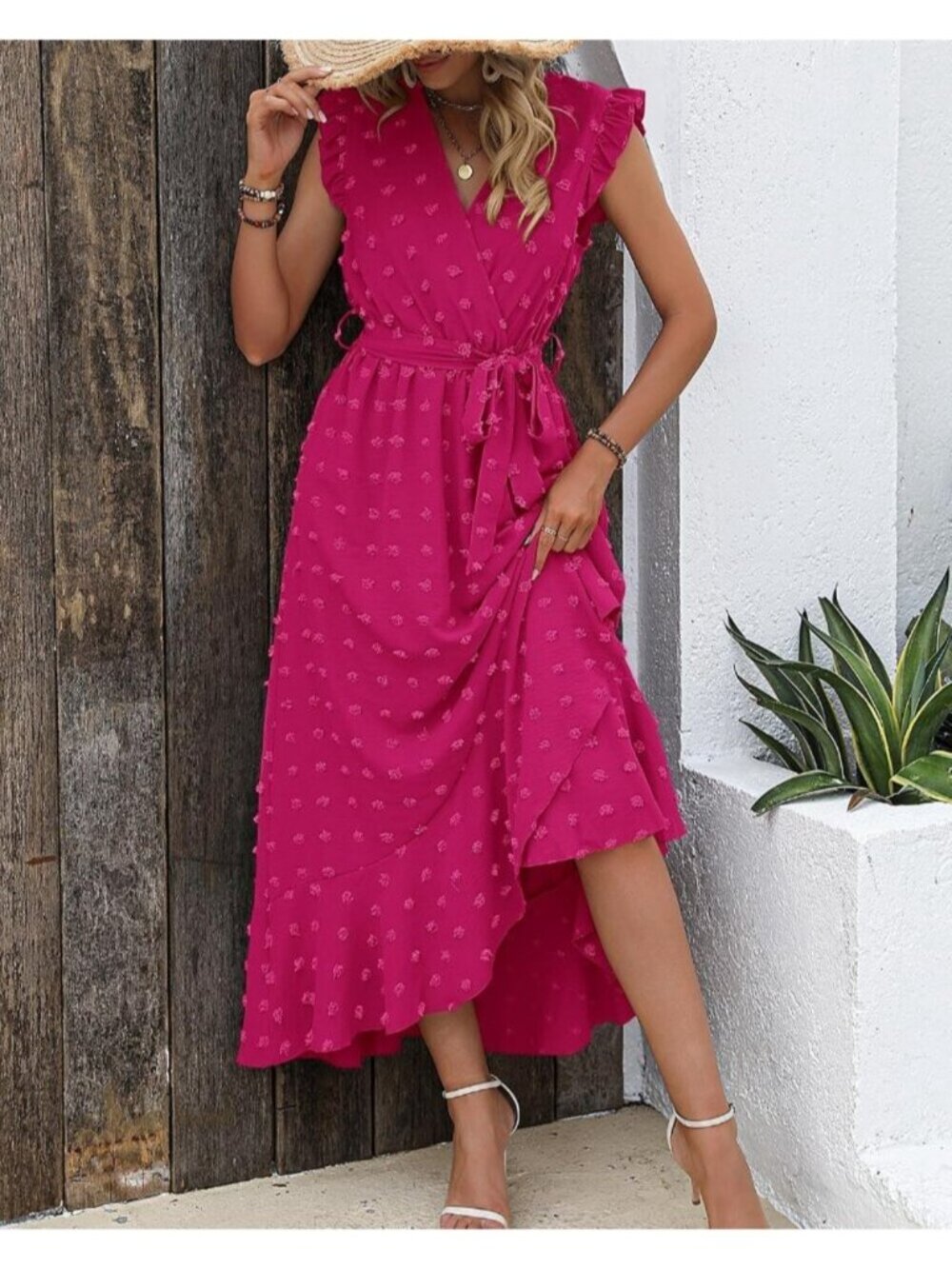 Womens Rose Red Swiss Dot Cap Sleeve V Neck Tie Waist Imported Causal Maxi Dress - Picture 2 of 6